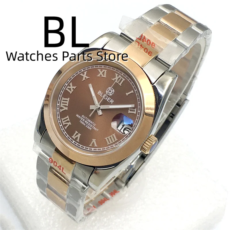 BLIGER 36mm/39mm Two Tone Rose Gold Mechanical Watch For Men NH35 Movement Sapphire Glass Brown Dial Rose Index Green Luminous