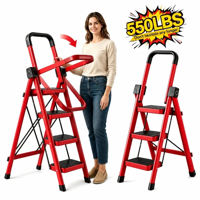 Ladders 5/4/3/2 Step Heavy Duty Folding Step Ladder With Handrail, 550LBS High Load Capacity Wide Non-Slip Pedal Stool, Sturdy & No Wobble