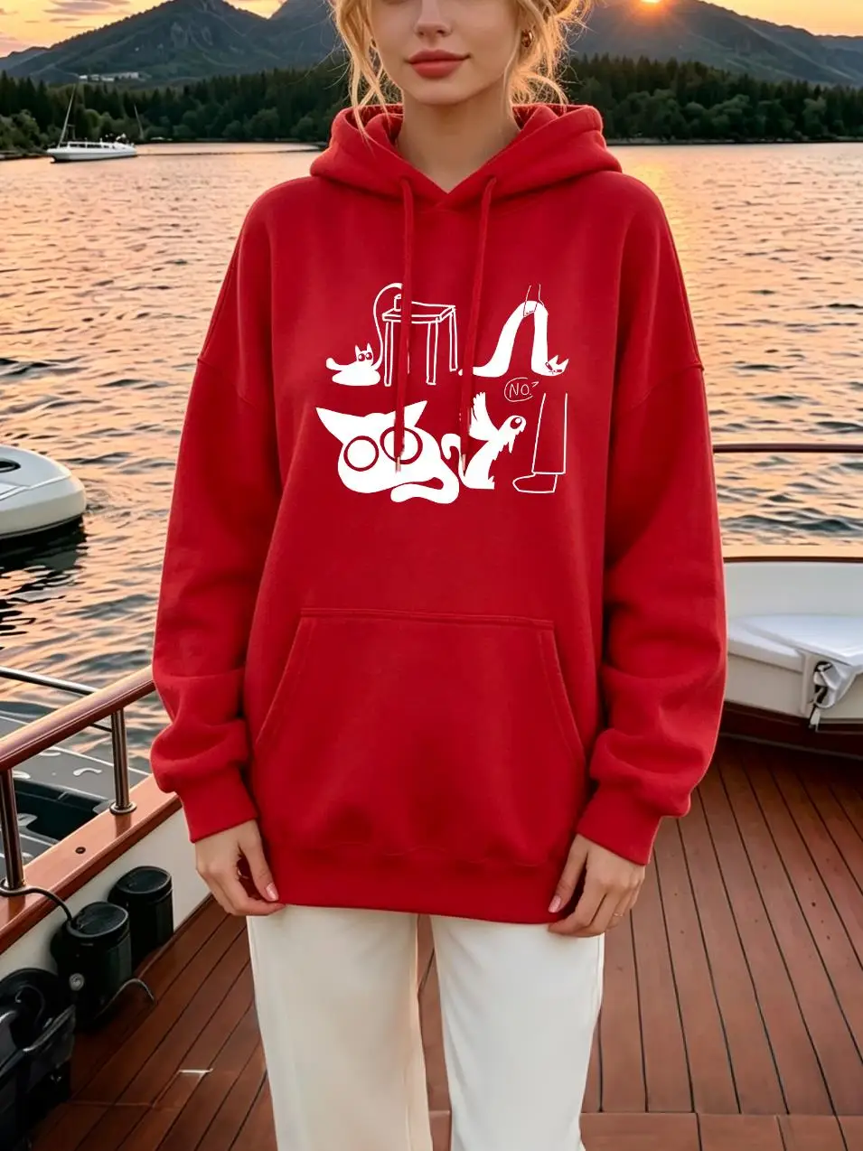 Cartoon Funny Cat Doodle Printing Woman All-Match Loose Hoodies Autumn Casual Hoody Soft Sport Clothing Simple Y2K Streetwear