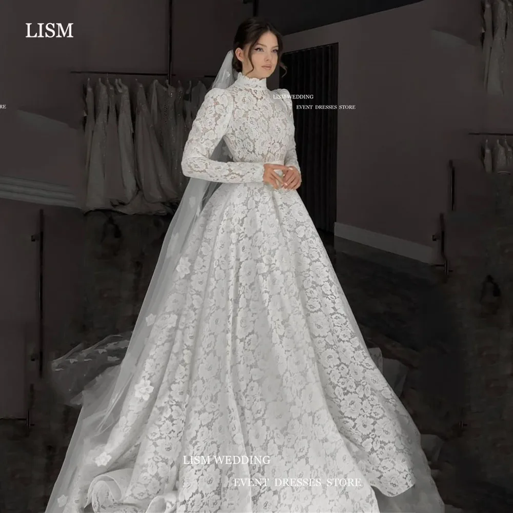 LISM Vintage Lace Wedding Dresses High Neck Full Sleeves A-Line Bridal Gowns Floor Length Vestido de noiva Custom Made 2024