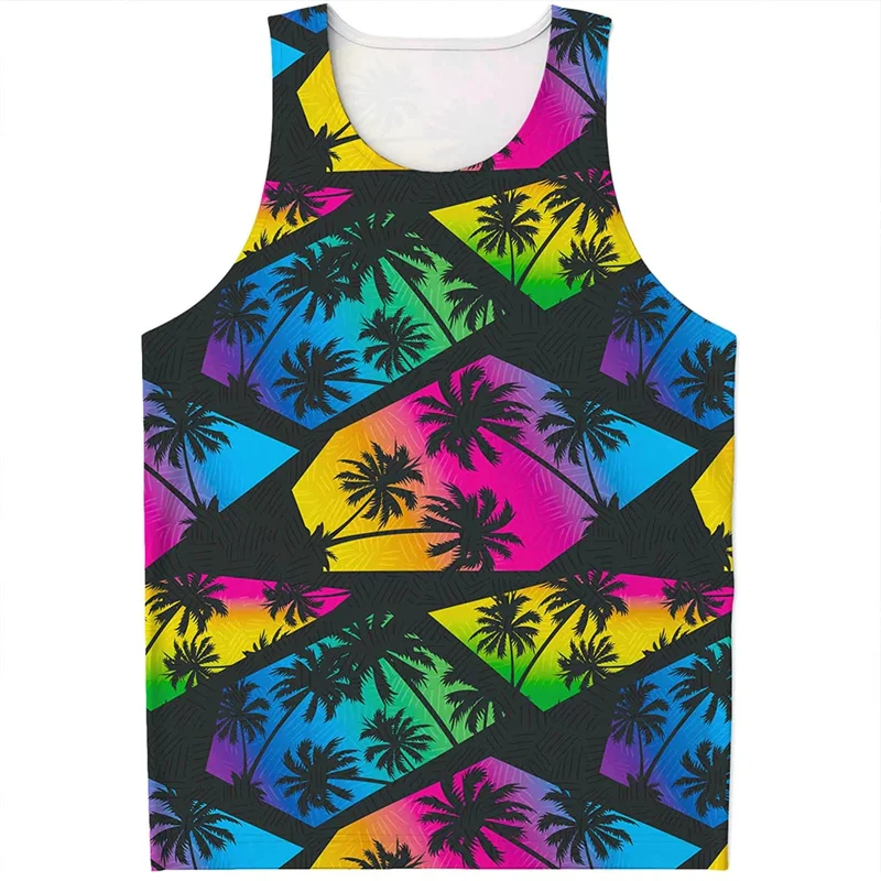 Colorful Palm Tree Graphic Tank Top For Men Summer Beach 3D Printed Hawaiian Plants Vest Oversized Sleeveless T-Shirt Tops