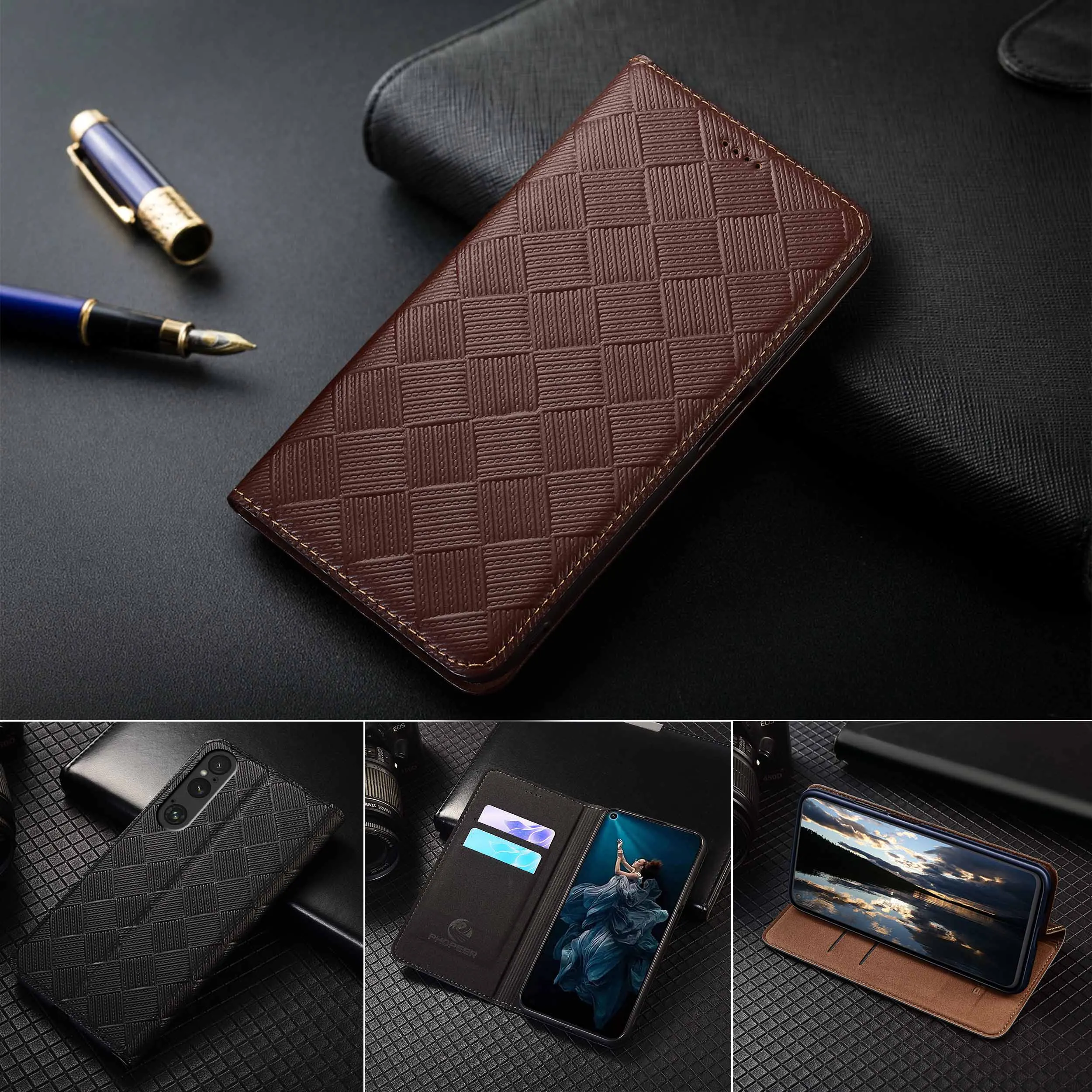 

For Sony Xperia 1 5 10 II III IV V VI VII Knit Pattern Of Genuine Leather Wallet Flip Phone Cover Case Cowhide Scratch-Resistant