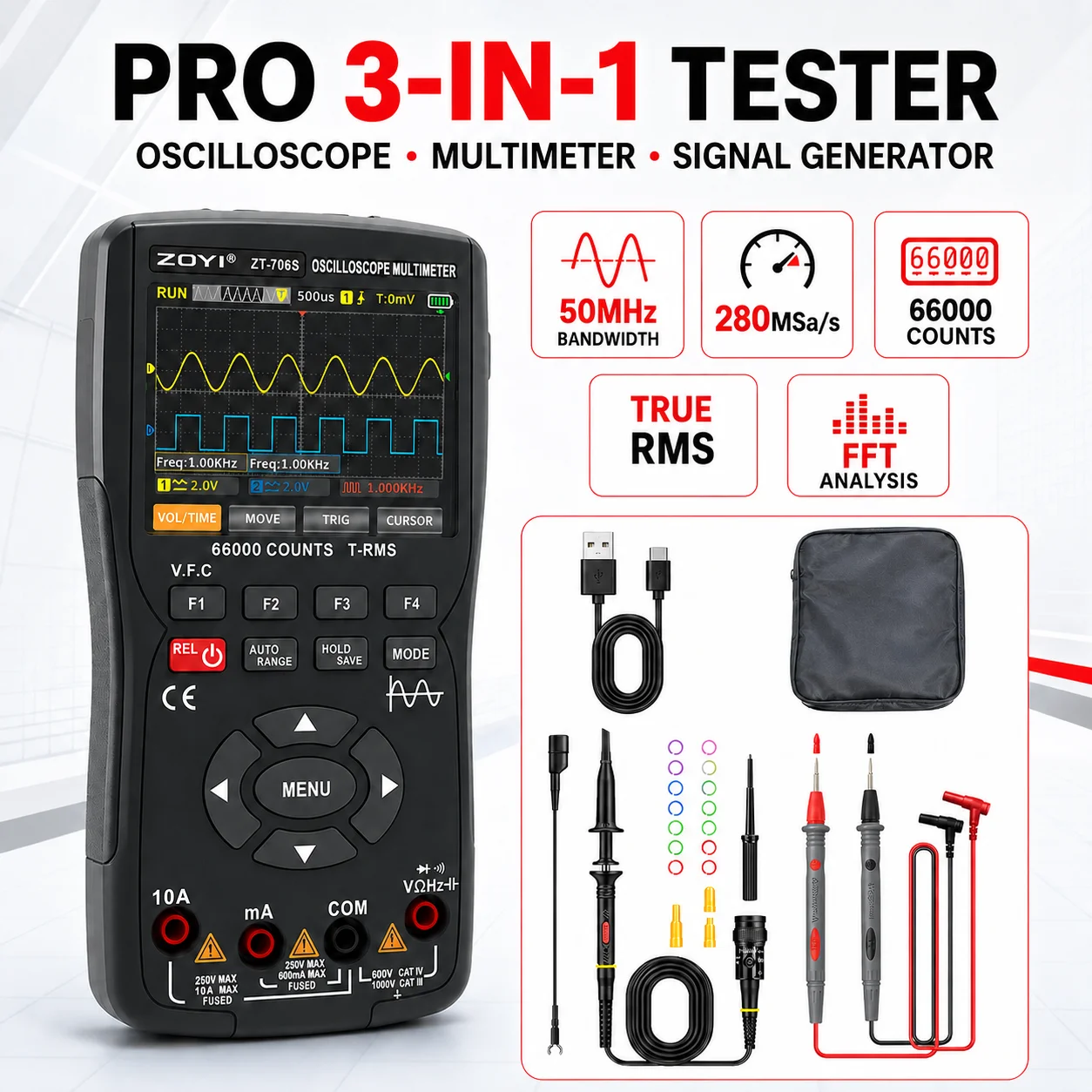 ZOYI Digital Multimeter Oscilloscope & Signal Generator, 2 Channel 50MHz,High-Precision Voltage Meter, Auto-Ranging