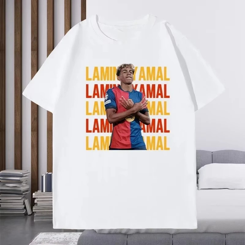 Summer New Football Barcelona Yamal Short Sleeved T-shirt Yamal Celebrates Spanish Men's Casual Printed T-shirt