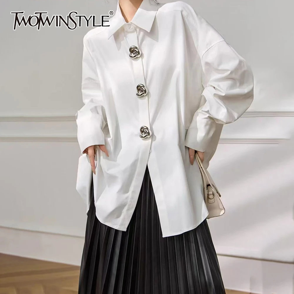 

TWOTWINSTYLE Solid Spliced Single Breasted Shirt Female Lapel Long Sleeve Loose Casual Lazy Women's Shirts Autumn Fashion New