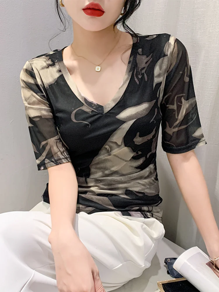 

Winsleter Streetwear Tshirts Half Sleeve Stretchy Tees Women Sexy V Necks Print Ruched Slim Mesh Tops Summer T38614JM