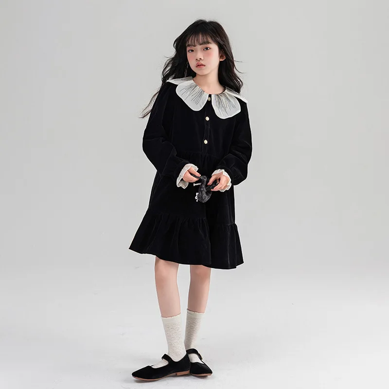 

Autumn Winter Children Girl Plus Velvet One-piece Dress Junior Girl Petal Neckline Long Sleeve Warm Dress Elegant Dress For Girl