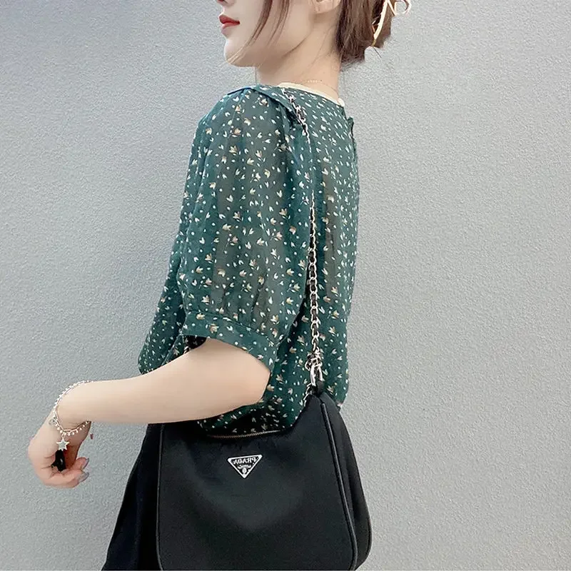 

Female Chiffon Short Sleeve New 2023 Summer Vintage Versatile Fragmented Round Neck Shirt Women Loose Slim Fashion Casual Tops