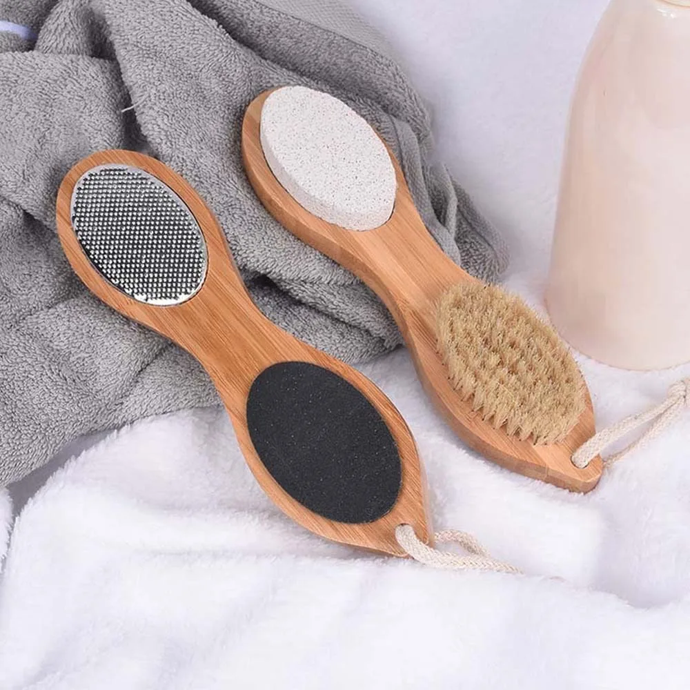 

Handheld Wooden Handle Foot File Four in One Design with Hanging Hole Feet Callus Remover Non-slip Handle Easy To Clean