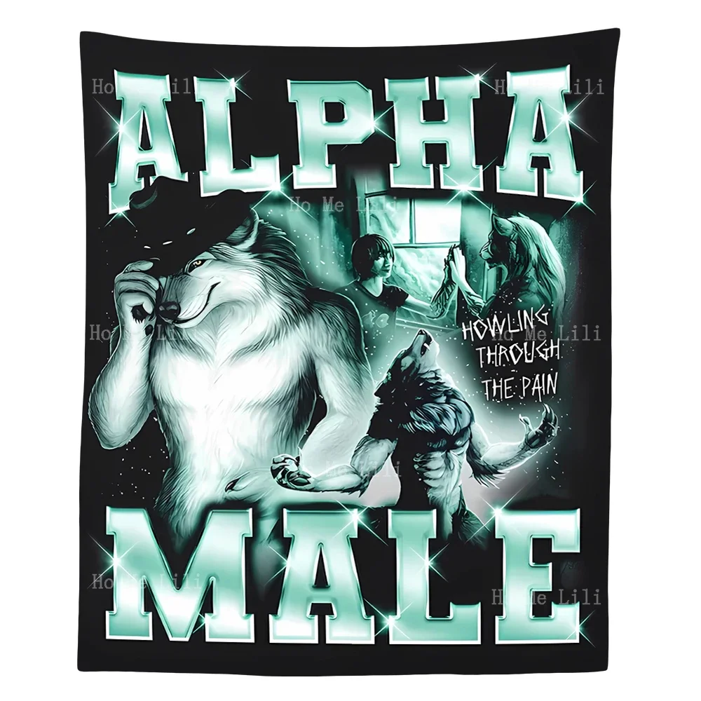 Alpha Male Ironic With Wolf Graphic Unicorn Rainbow Funny Tapestry For Bedroom Living Room Modern Fashion Design Tapestries