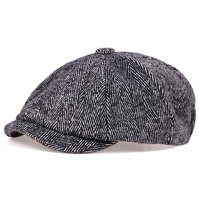 Men\'s Ladies Newsboy Hat Gray Herringbone Flat Hat Autumn And Winter British Painter Soft Octagonal Hat Beret Wholesale