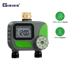 GIRIER Water Timer 2 Outlet Programmable Sprinkler Timer with Brass Inlet LCD Screen Automatic Irrigation Controller for Garden