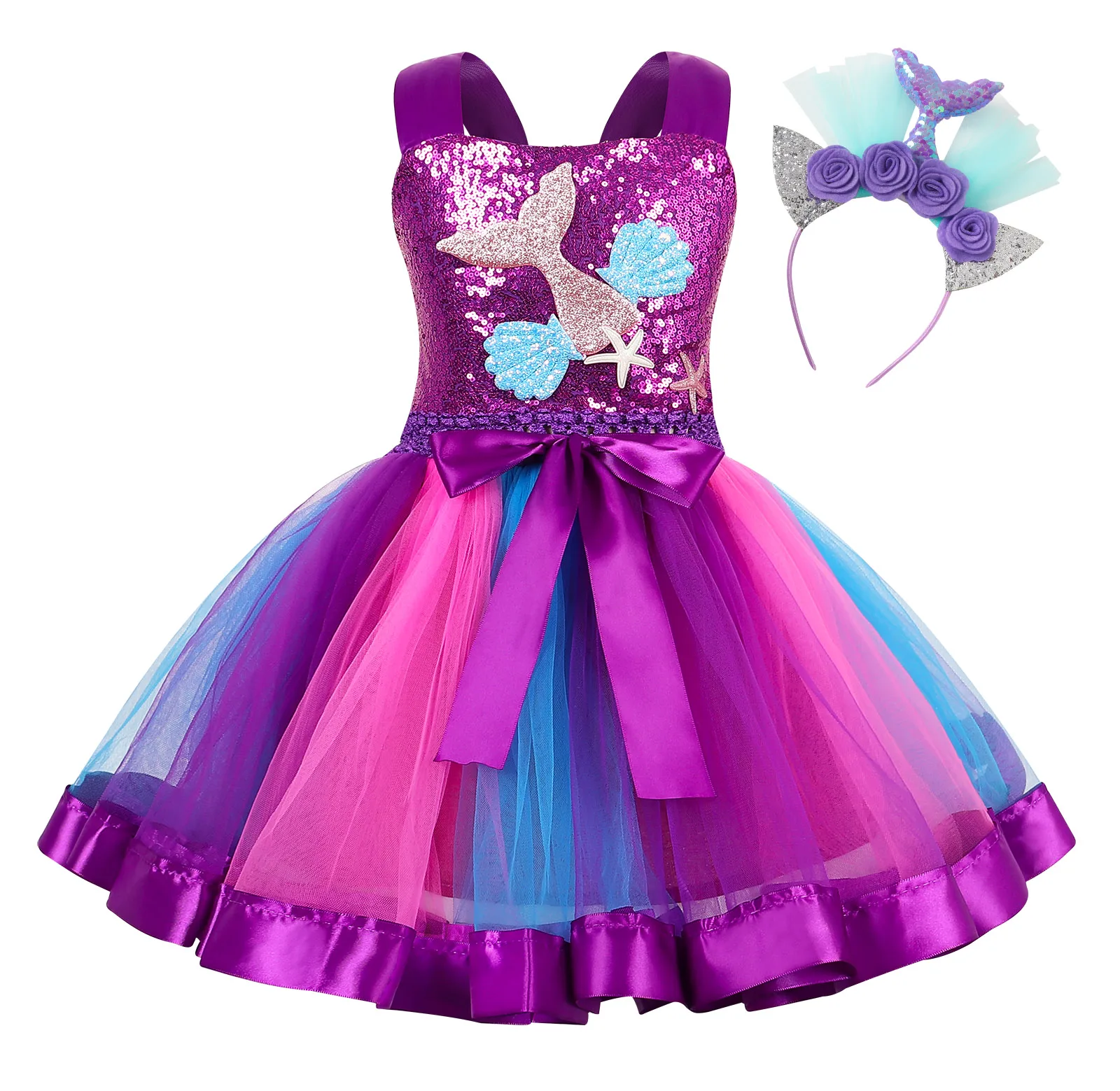 Jurebecia Mermaid Dress Girls Halloween Princess Party Dress Up Tulle Mesh Rainbow Tutu Skirt Fish Scale Sequin Outfits