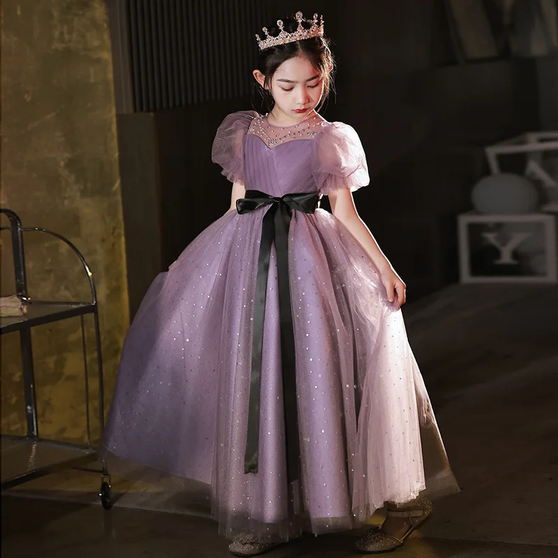 

Little Girls Tulle Long Princess Dress Satin Bow Belt Elegant Evening Party Dress Kids Special Occasions Photoshoots Outfits