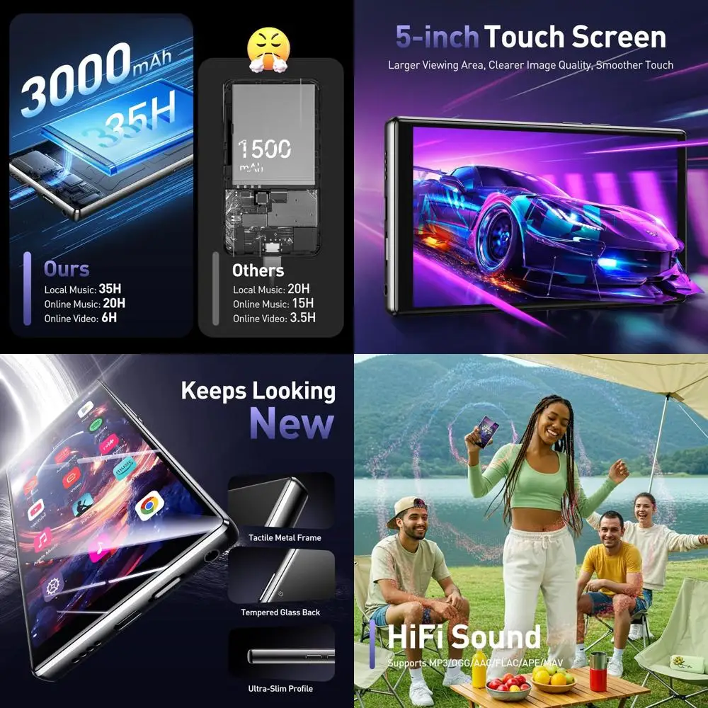 

5'' 128GB MP3 Player with Bluetooth and WiFi, T09 Touch Screen Andriod 13 Music Player with Spotify, Audible, YouTube, Up to 1TB