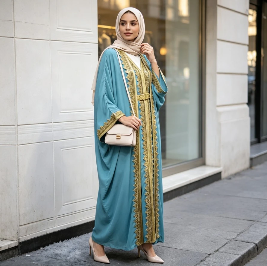 Ramadan Eid Women Abaya Dress 2 Piece Set Eid Muslim Sashes Jalabiya Dubai Kaftan Vestidos Suit Party Dresses Cardigan Robe