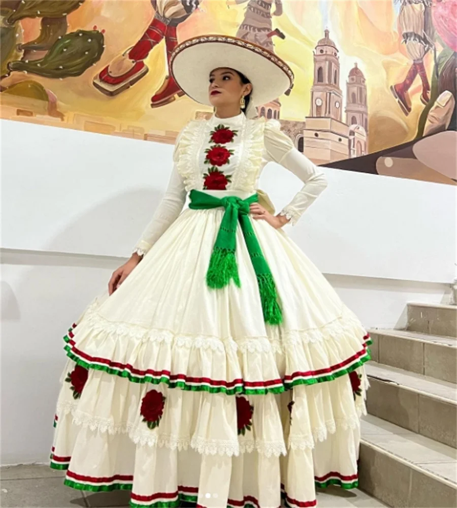 Vestidos folclóricos mexicanos De 15 vestido De quinceañera bordado blanco De manga larga Vestidos De Novia Maríachi fiesta De graduación personalizado