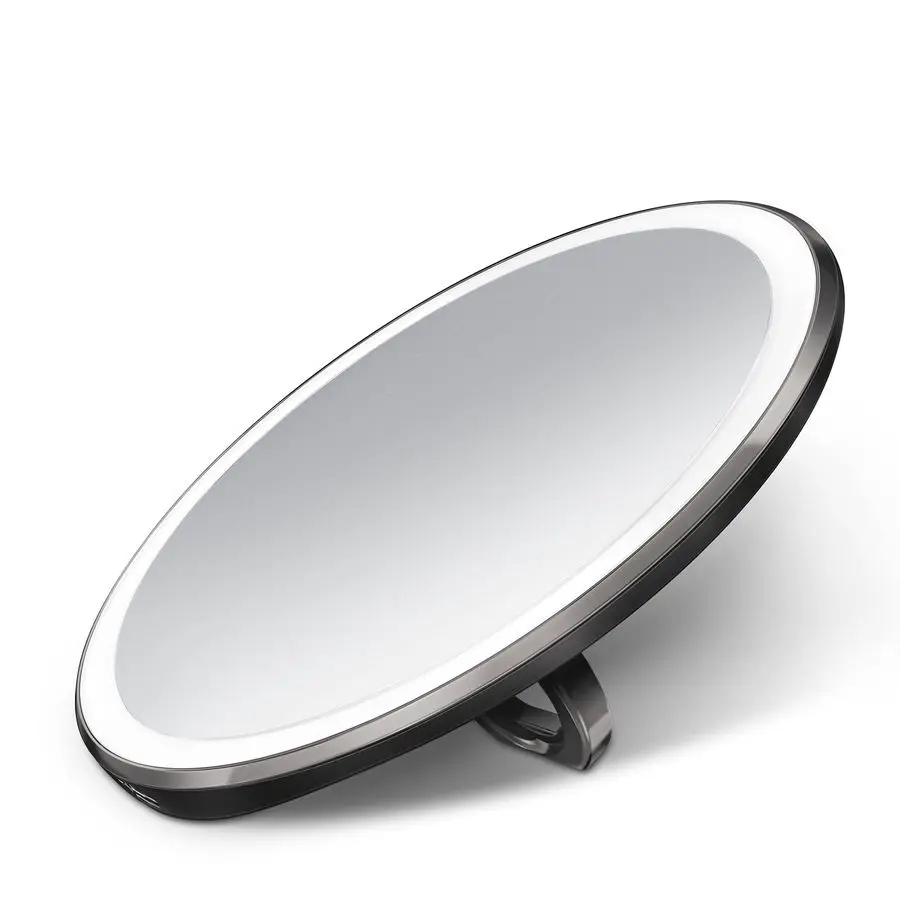Miroir à capteur, miroir grossissant de maquillage compact éclairé avec lumière, rond, format voyage, acier inoxydable noir