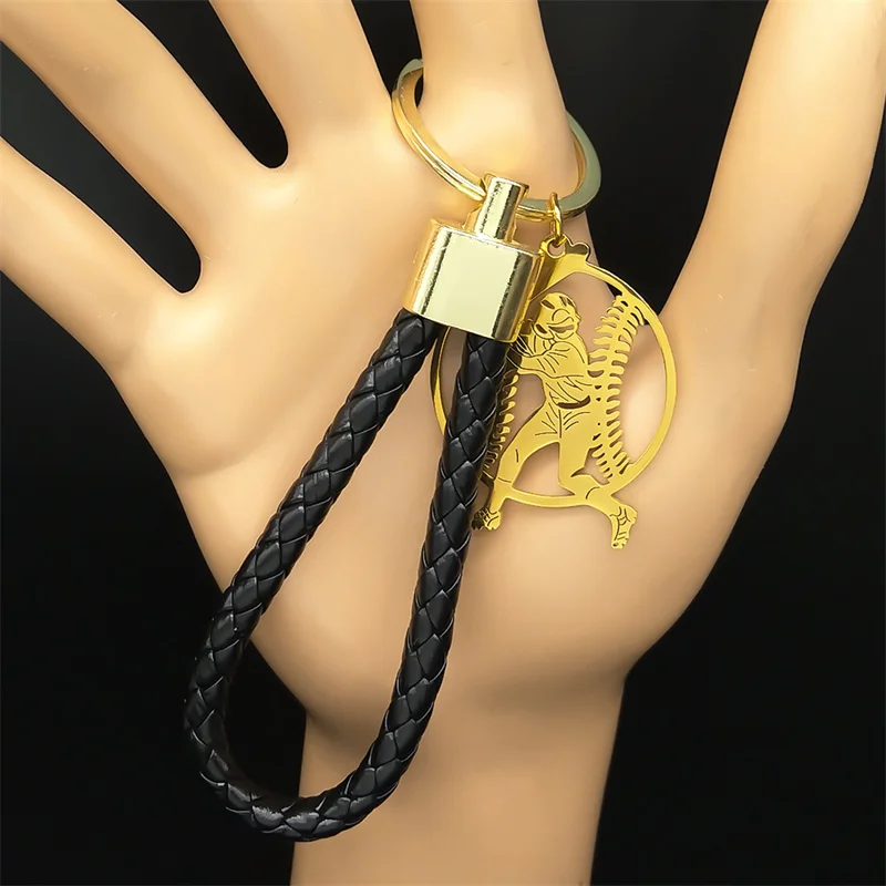 Baseball Player Stainless Steel Pendant Key Chain for Women Men Gold Color PU Leather Ball Sports Keyring Jewelry KZZZ699