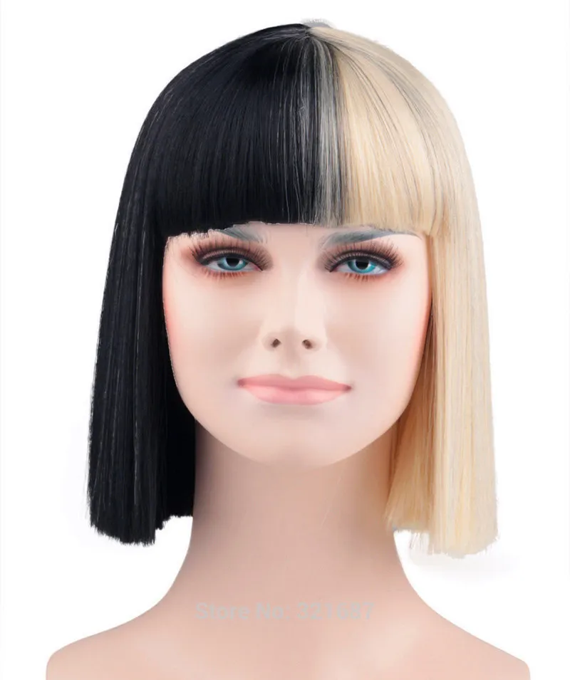 Sia Cosplay Wig Alive Bangs Trim to Eyes Half Black and Blonde Medium Heat Resistant Hair Wigs + Wig Cap