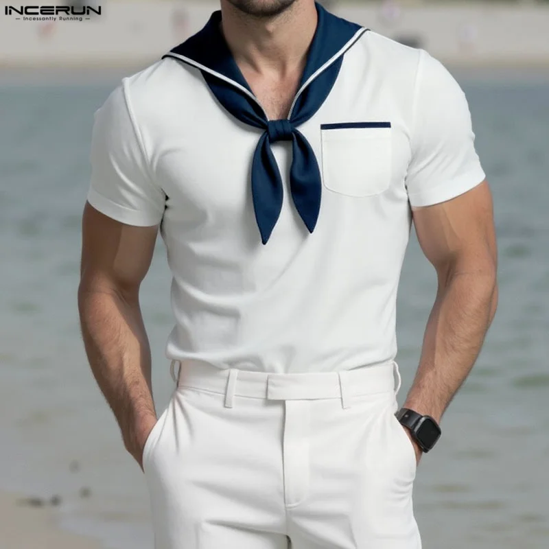 INCERUN Men T Shirt Patchwork Summer Navy Collar Short Sleeve Male Tee Tops Streetwear 2025 Pockets Fashion Casual Men Clothing