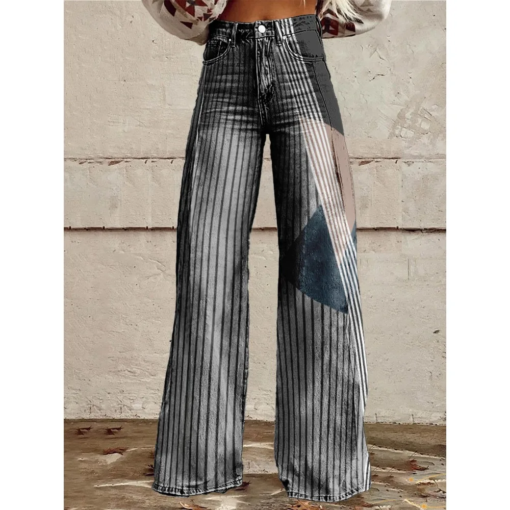 

Женские брюки-качалки в стиле ретро с ярким геометрическим узором, расклешенные брюки с высокой талией для концертов, фестиваля, ночной жизни, сексуальная уличная одежда
