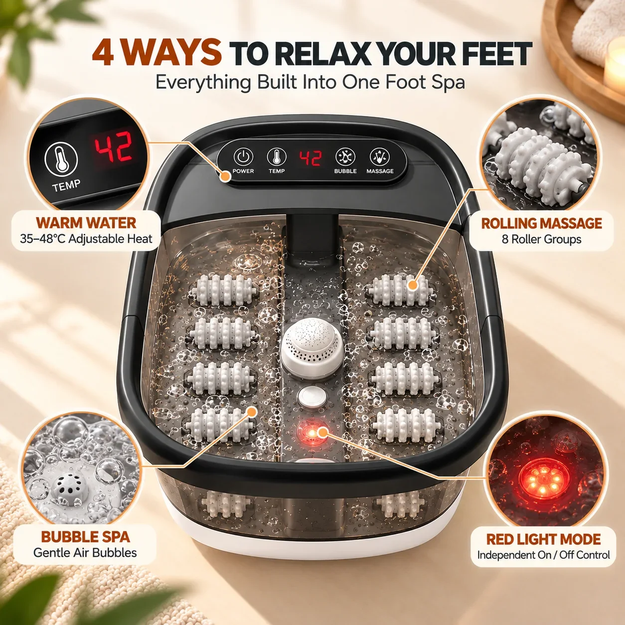 Electric Heated Foot Spa Massager 520W 35-48°C Bubble Red Light 8 Roller Groups Digital Display 110V Home Foot Bath