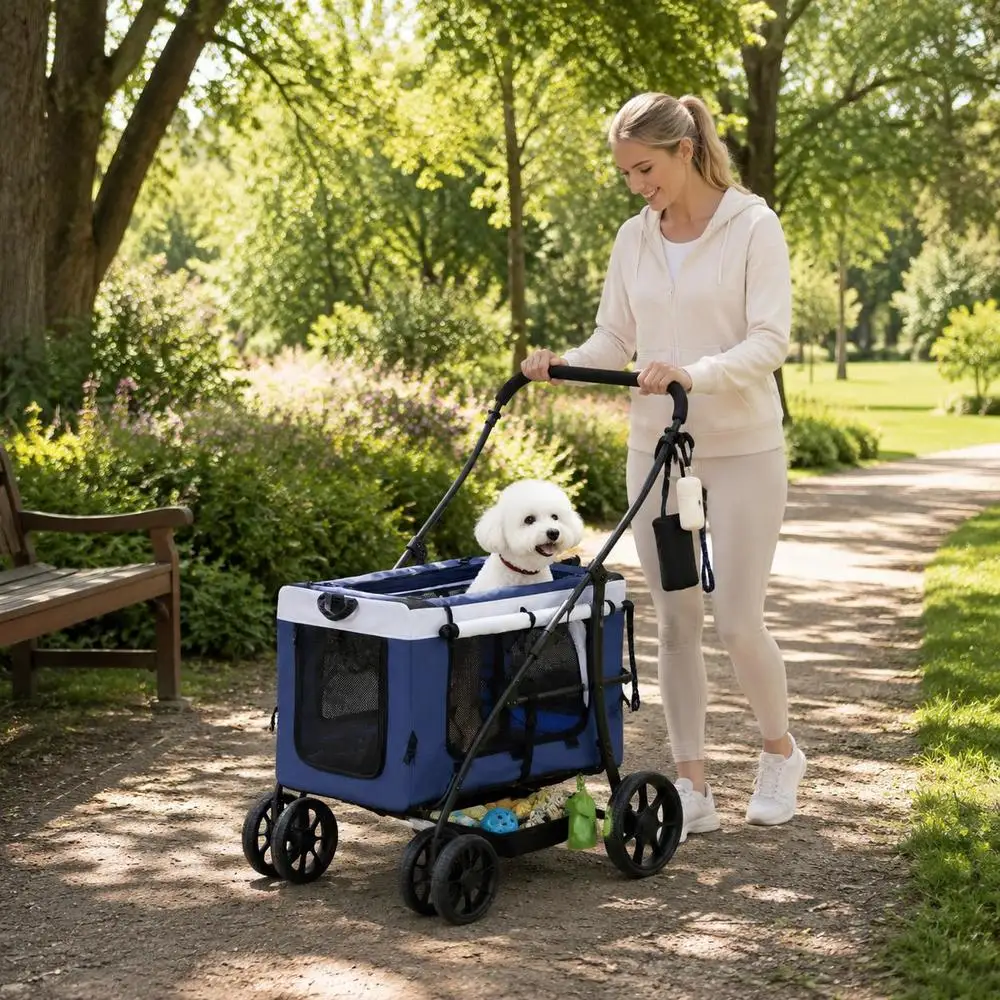 Poussette pour chien, chariot pour animaux de compagnie, poussette pour chien pliable, panier amovible, 81 x 58 x 97,5 cm, noir + bleu + blanc