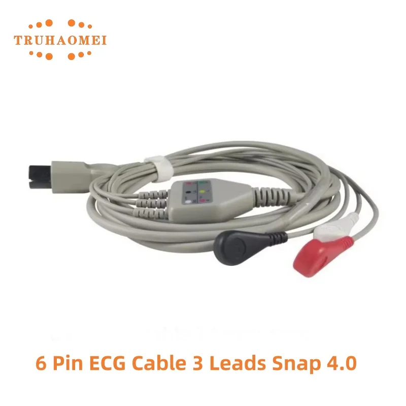 Snap 4.0 ECG Cable One Piece 6 Pin 3 Leads AHA Standard for Multi Brand Patient Monitor Mindray Carewell Edan Biolight CSI AAMI