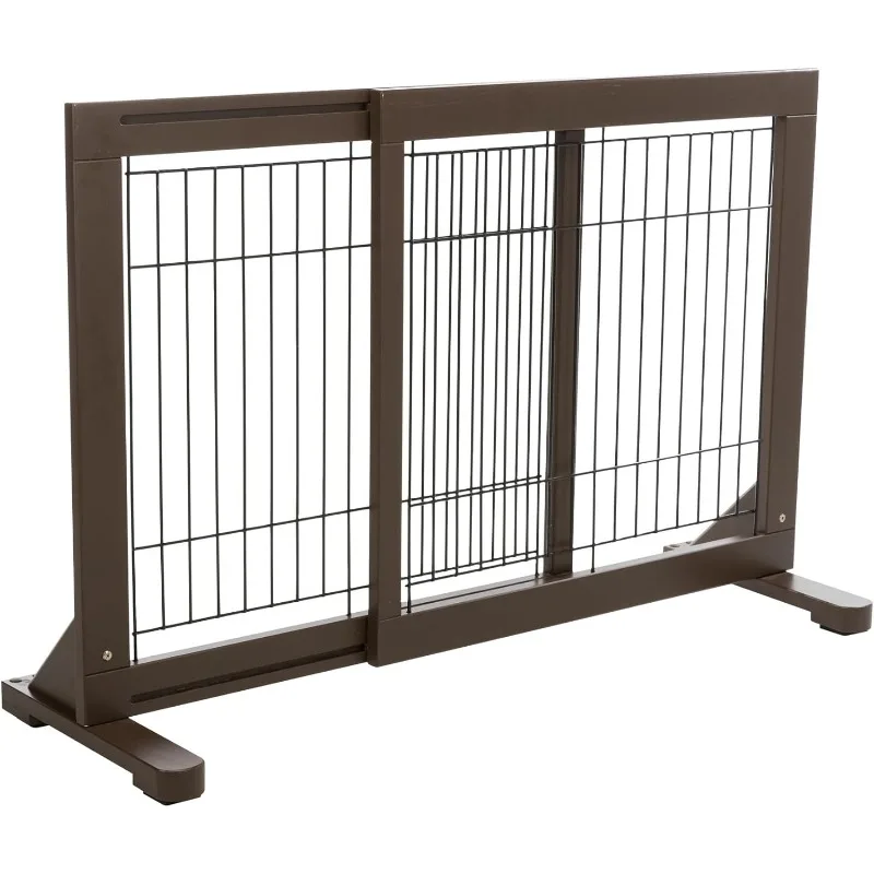 

Freestanding Pet Gate, Wood and Wire, Lightweight, Adjustable Width, 24 in Height, Espresso Brown
