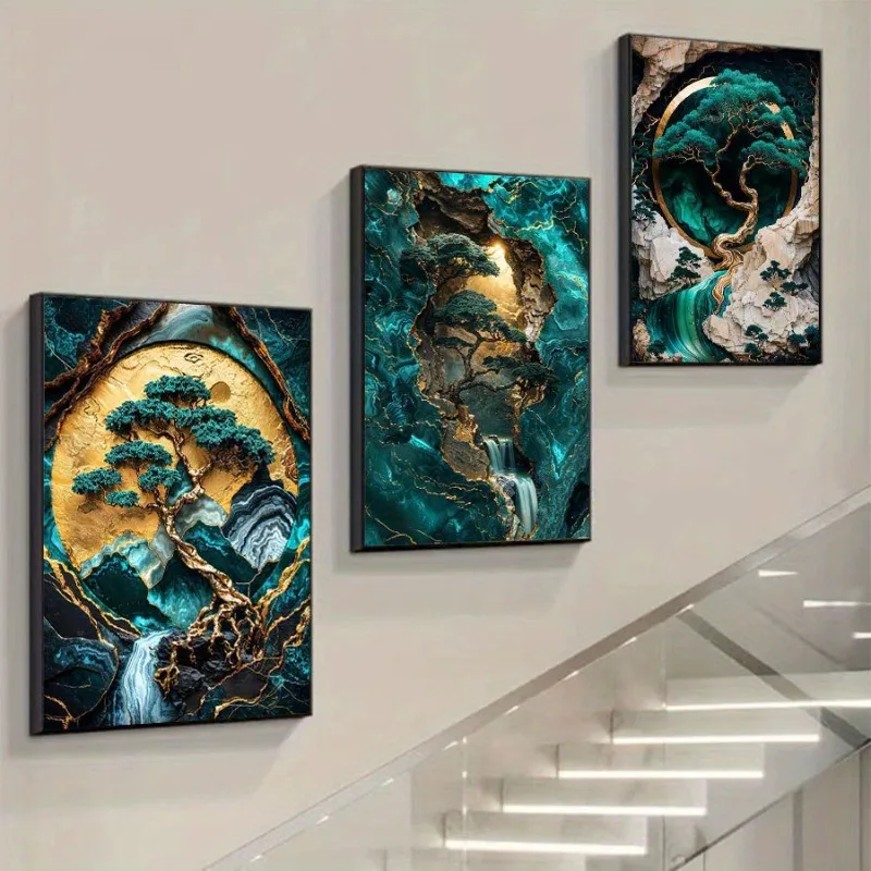 3 uds patrón de mármol avanzado Jade verde lámina dorada arte lineal HD lienzo impresión decoración pintura sin marco para decoración del hogar