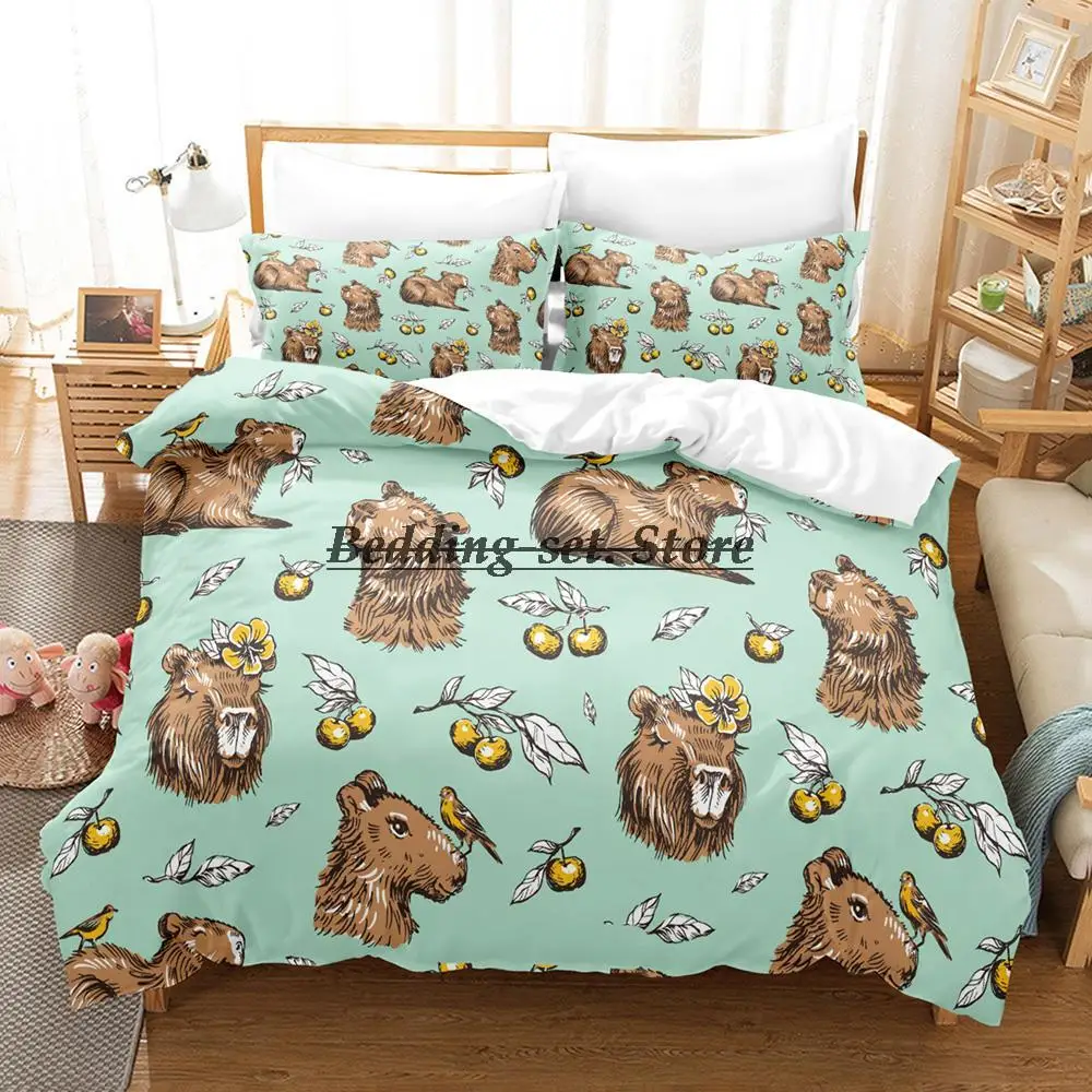 Kawaii Capybaras Bedding Set Single Twin Full Queen King Size Bed Set Aldult Kid Bedroom Duvetcover Sets 3D Anime Bed Sheet Set