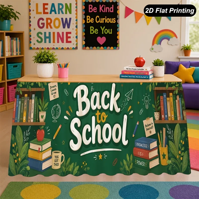 One classroom theme table skirt, green bookshelf background, school Christmas table skirt