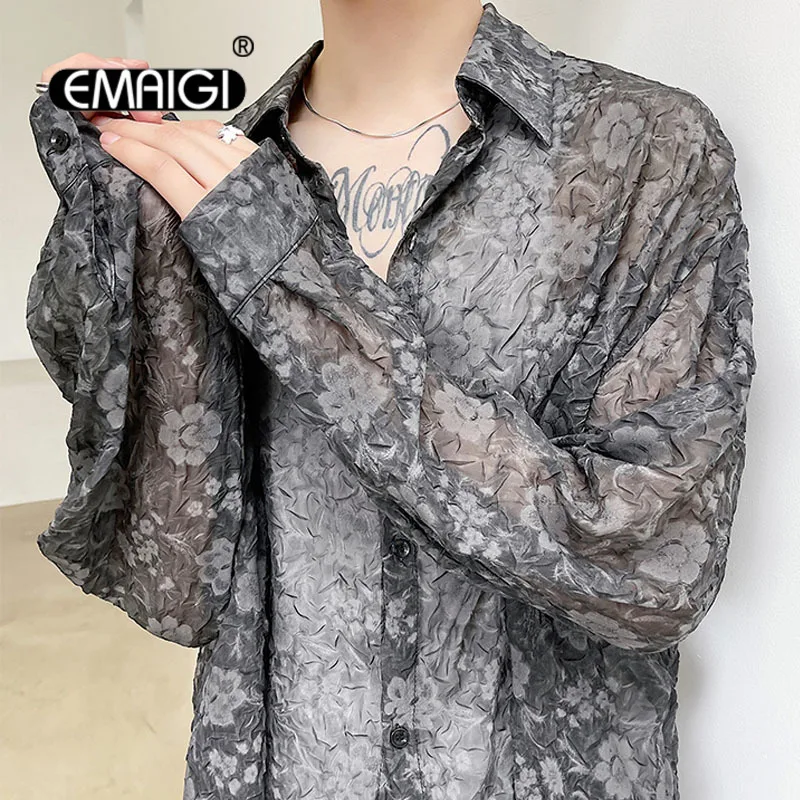 

Men Pleated Flower Thin Fabric Loose Casual Shirts Male Korean Fashion Vintage Streetwear Dress Shirt Stage Clothing