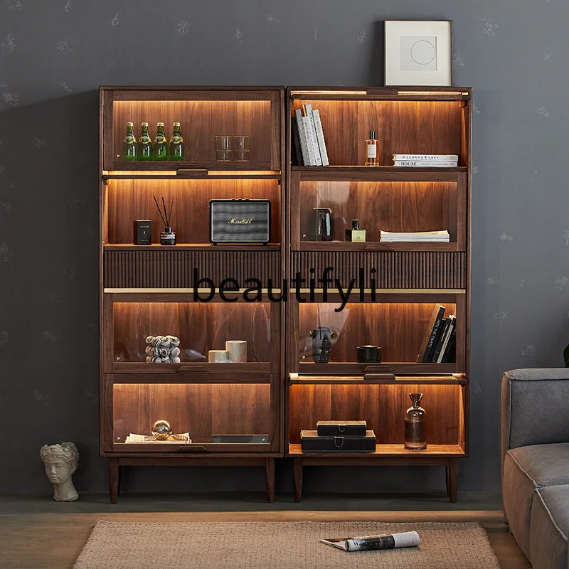 

Black walnut bookcase dust-proof glass wine cabinet floor-to-ceiling locker living room flap solid wood figure display cabinet