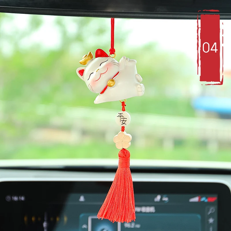 Lucky Cat Pendant Luxury Car Rearview Mirror Creative Ping An Lucky Cat Decorative Hanging Ladies Car Interior Accessories