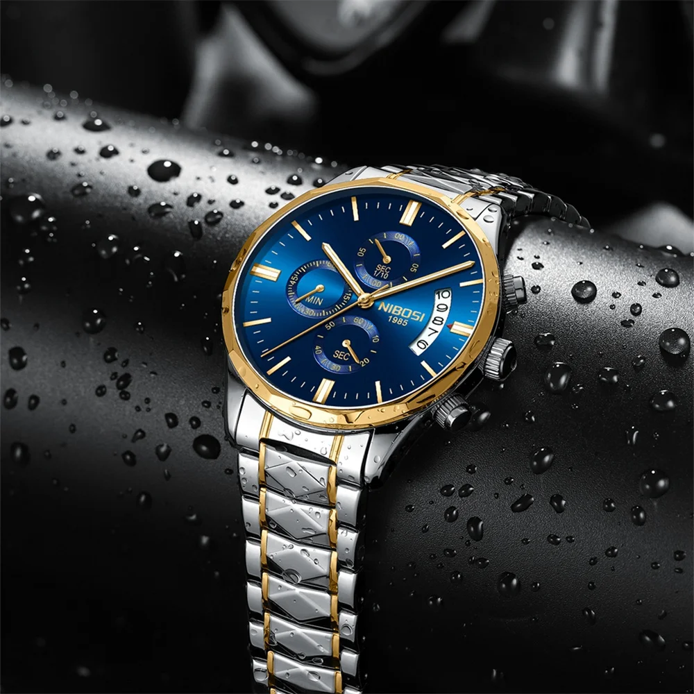 NIBOSI العلامة التجارية موضة ساعة كوارتز رجالية الفولاذ المقاوم للصدأ مقاوم للماء مضيئة التقويم الفاخرة ساعات كرونوغراف رجالي Reloj Hombre