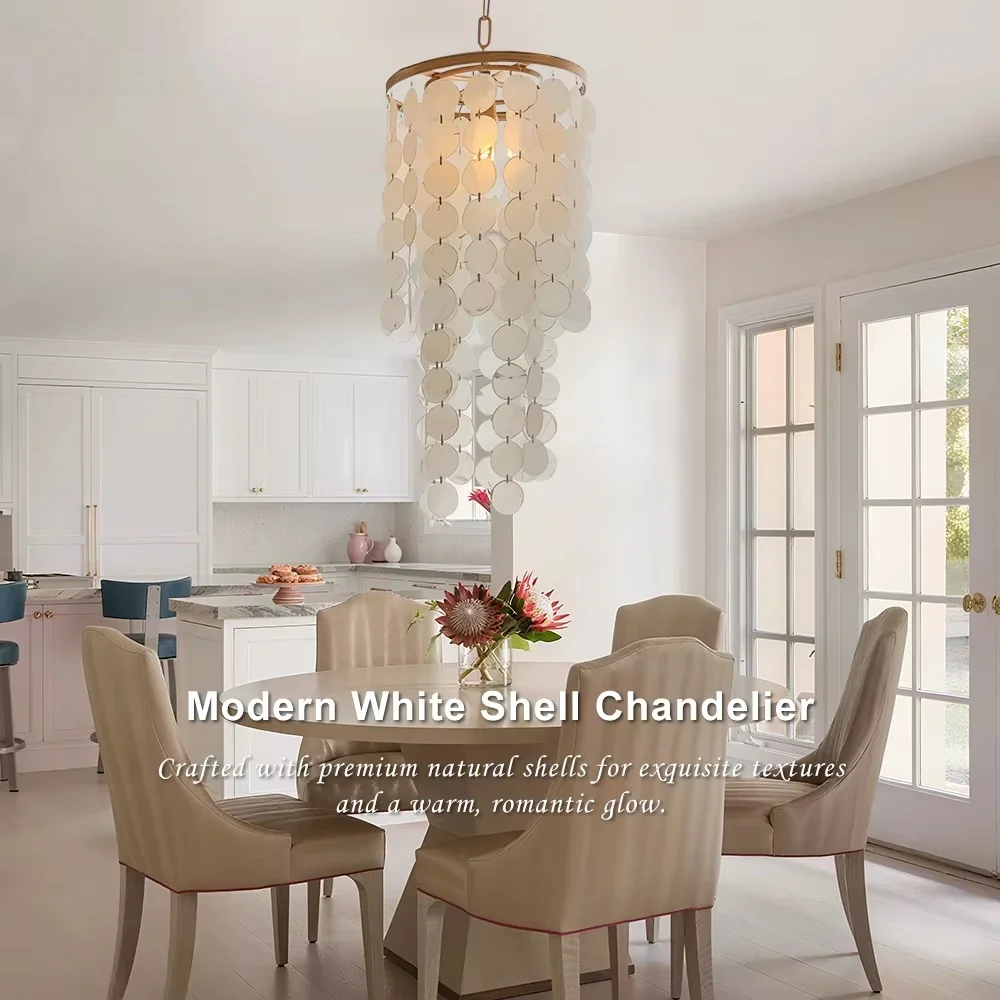 Shell Chandelier Long Round Pendant Lamp with Gold Frame for Villa Staircase Living Room Foyer Design Chandelier Fast Shipping