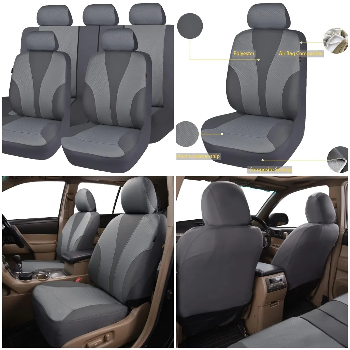 

Universal Full Cover Car Seat Covers, Breathable Polyester Fabric, Low Back, Solid Gray – Fits SUV, Truck, Van