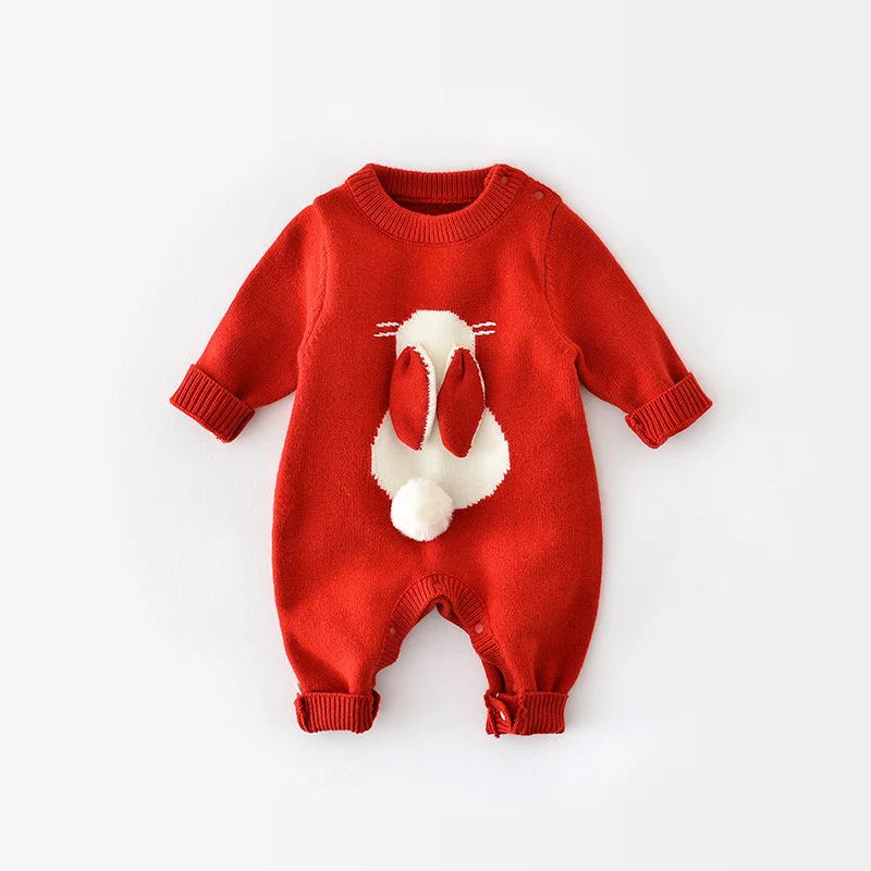 Autumn Red Knit Jumpsuit for Kids Winter Baby Romper Cute Bunny Christmas Clothes Newborn One-Piece Onesie Toddler Girls Outfit