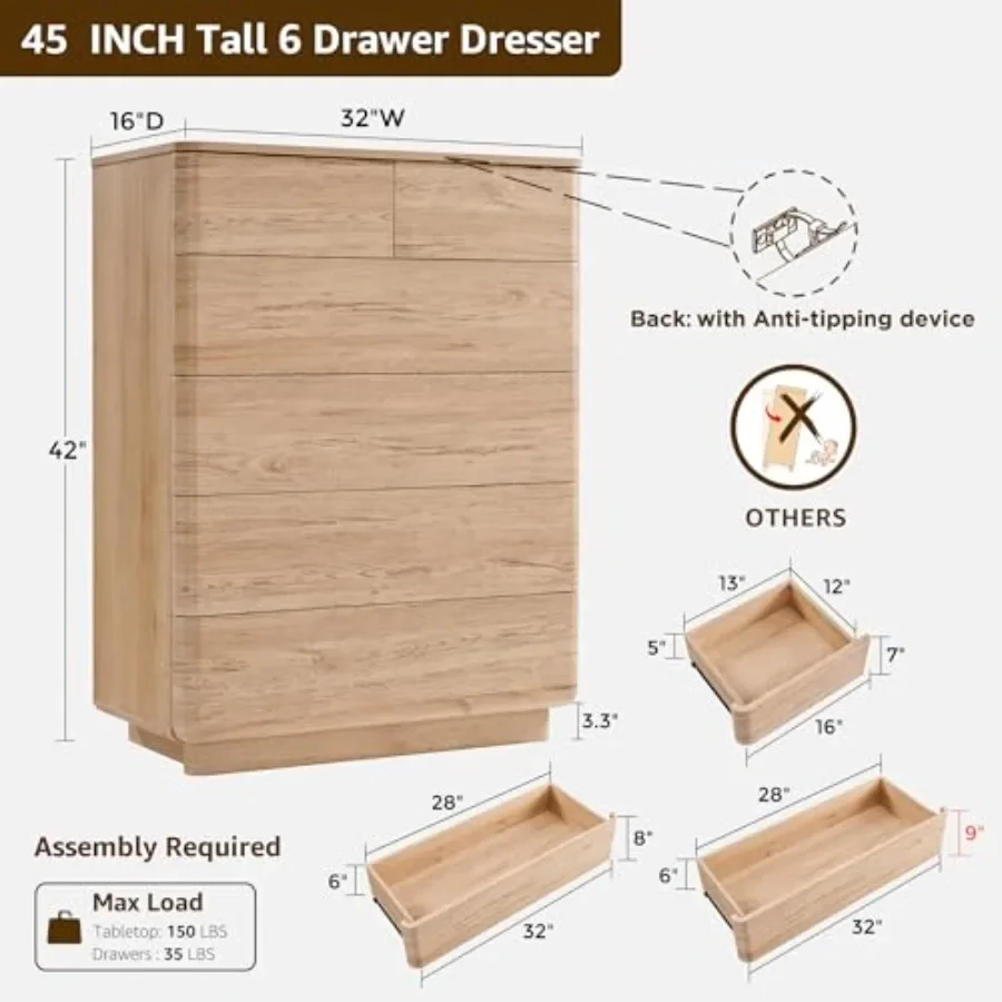 6 Drawer Dresser for Bedroom: Modern 42 Inch Tall Wood Chest with Push-to-Open Mechanism, Large Drawers, Neutral Finish, Space-