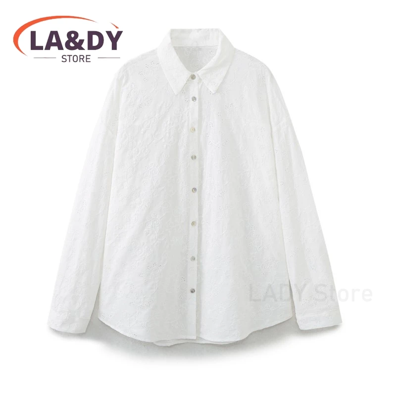 Blouses Women Spring Summer Fashion Loose Single Breasted Embroidery Shirt Female 2024 Solid Color Casual Long Sleeve Tops