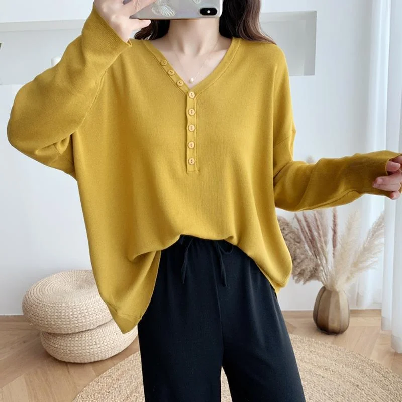 

Long-sleeved Solid Color Button Pullover V-neck Casual Loose Fashionable Women's Top