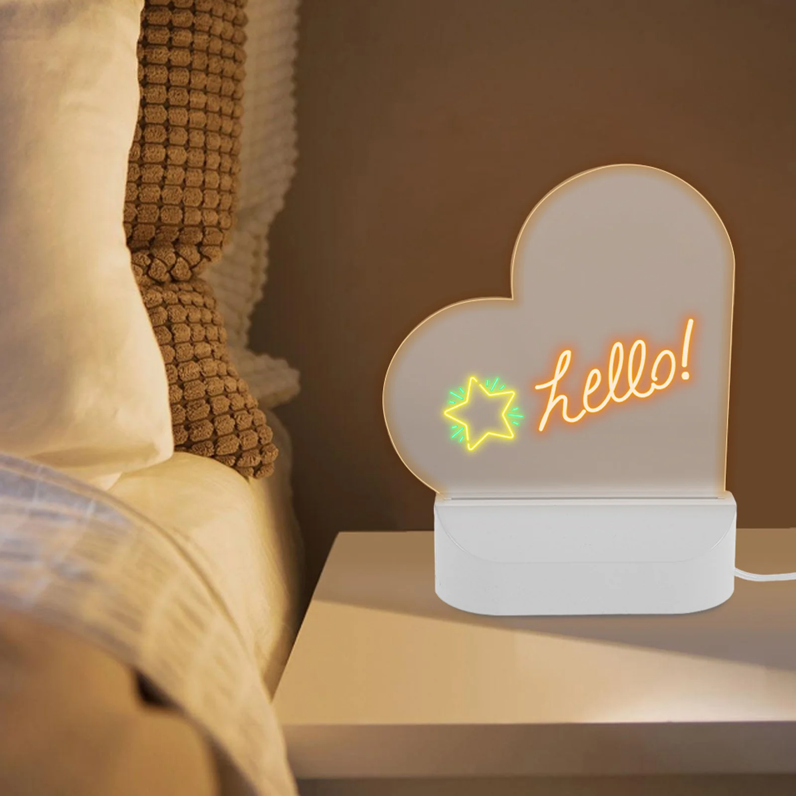 Tablero de mensajes de corazón acrílico LED, tableta de escritura borrable, luz nocturna, pizarra blanca portátil para escritorio, tablero de notas para adultos, 1 Juego