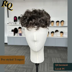 Pre Styled Men's Topee Human Hair Systems Q6 Lace With Pu Basement Durable Male Hair Pre Cut 6x8 Base Replacement Men Toupee