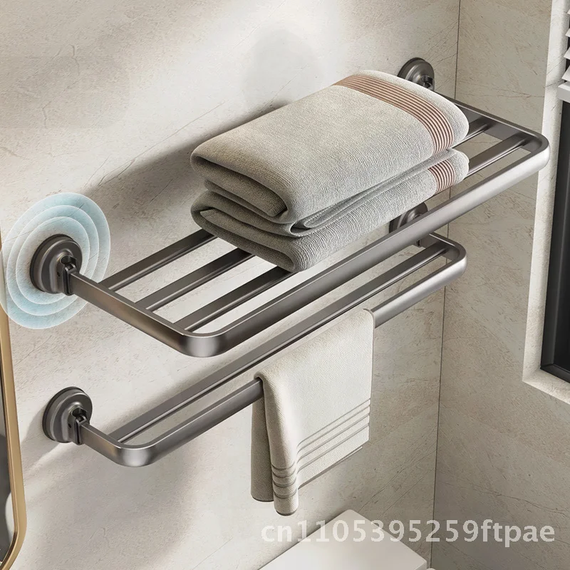 Punch-Free Bathroom Towel Rack Suction Cup Powerful Wall Hanging Folding Towel Rod Aluminum Alloy Single Double Layer Available