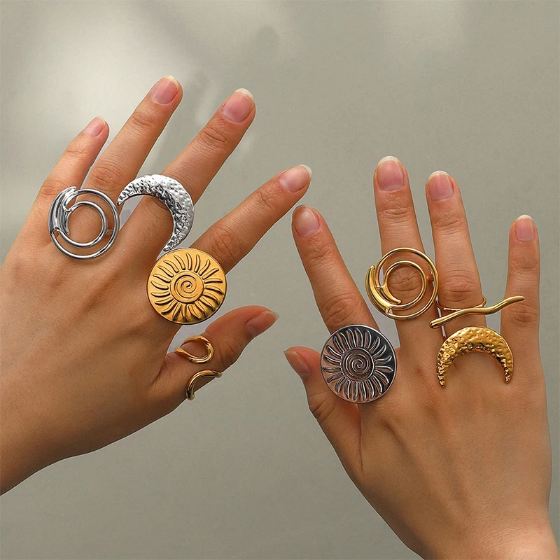 

PRISCA | Big Exaggerated Open Rings for Women.Stainless Steel. Sunflower Pendants.Vintage Charms Gifts.1Pcs.18k Gold.New