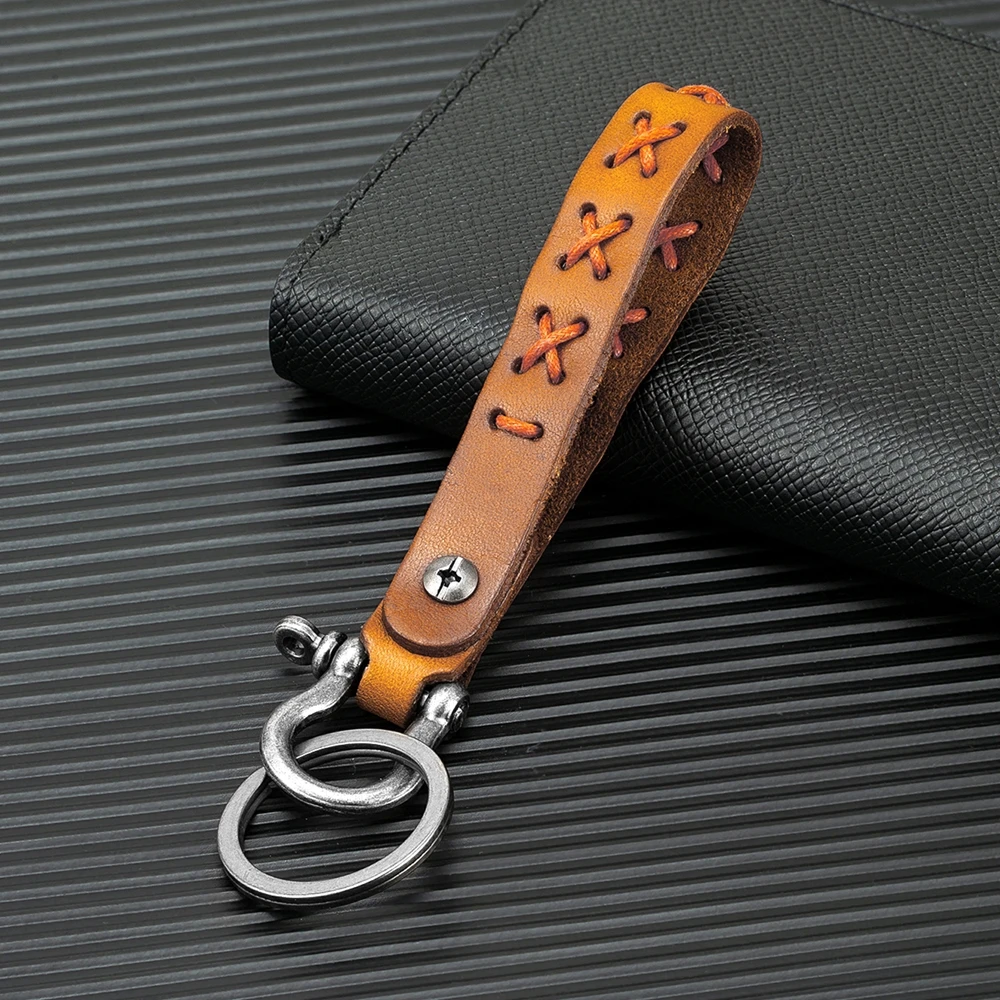 MKENDN Vintage Creative Handmade Leather Keychain Real Cowhide Car Key Rope Personalized Wrist Key Chain DIY Pendant Gift