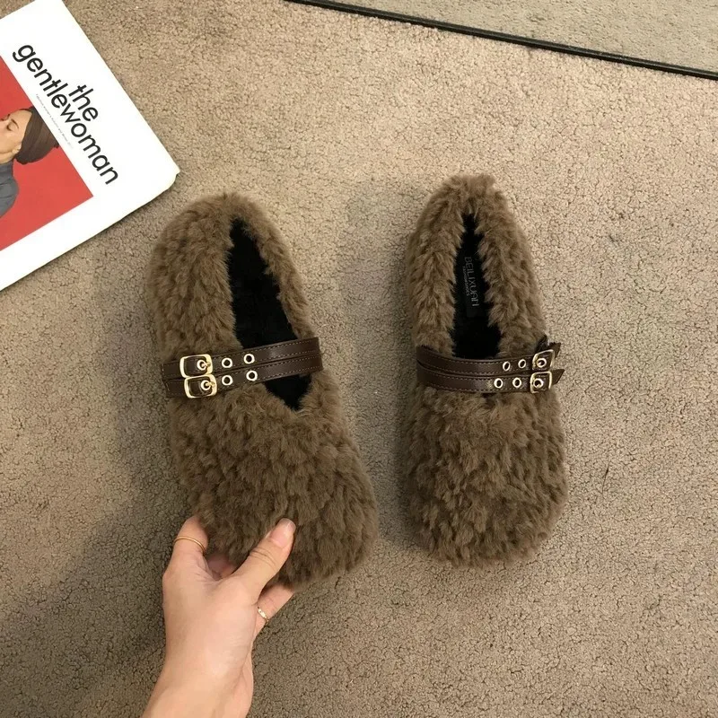 Designer Warm Cotton Women Flats Shoes Women Ballet Laofer Shallow Slip on Ladies Fur Mary Jane Shoes Soft Outdoor Granny Shoes - view 6