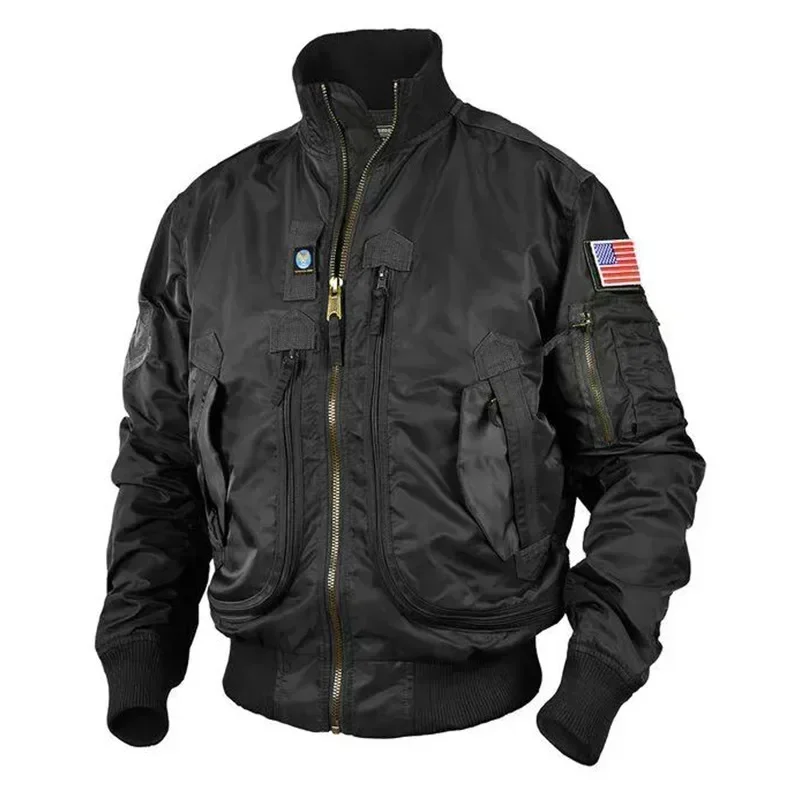 Jaquetas de descarga táticas masculinas, casaco de beisebol MA-1 piloto de bolso grande, jaqueta ArmyGreen, outwear de motocicleta com gola alta